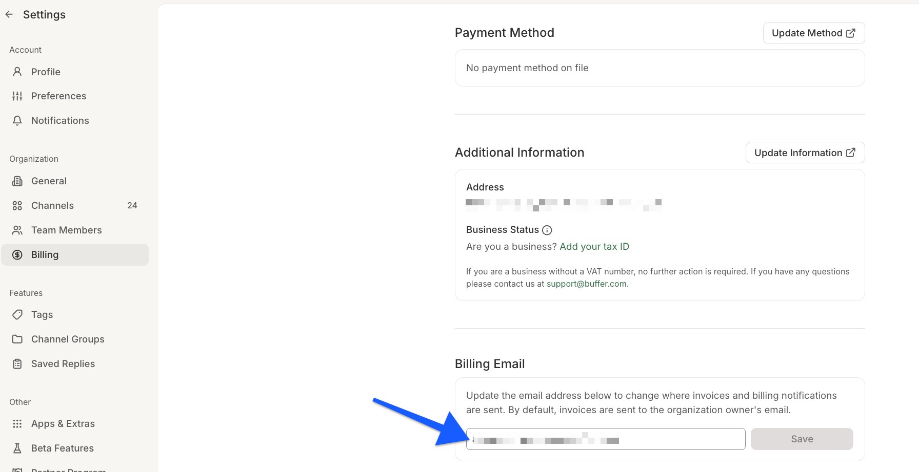 Buffer - Billing Settings - arrow pointing to Billing Email field
