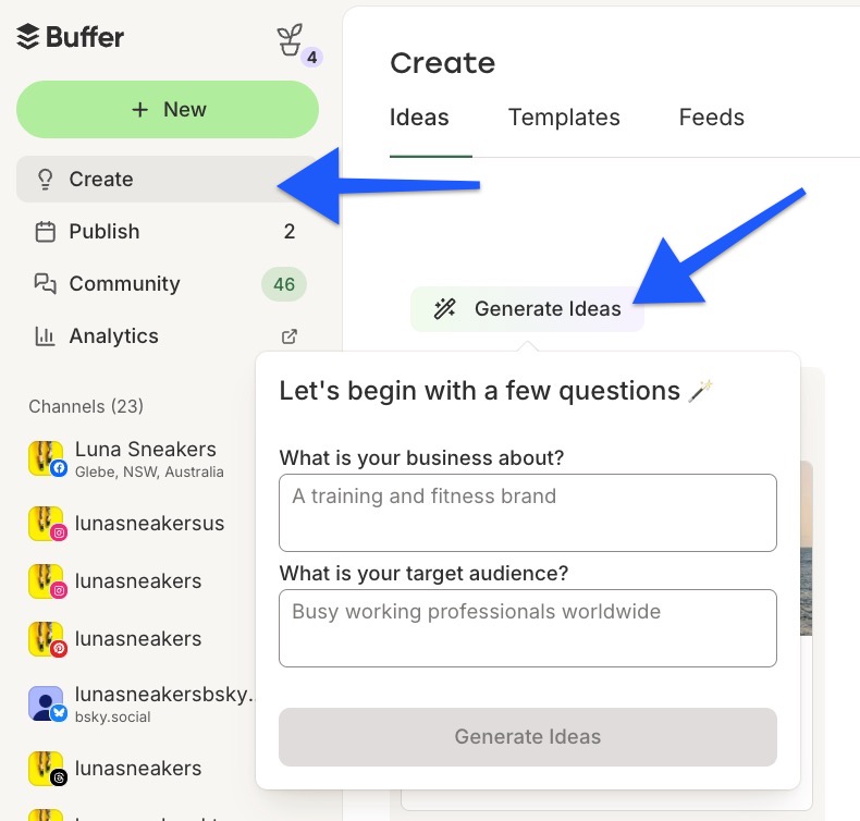 Buffer - Create space - Generate Ideas button