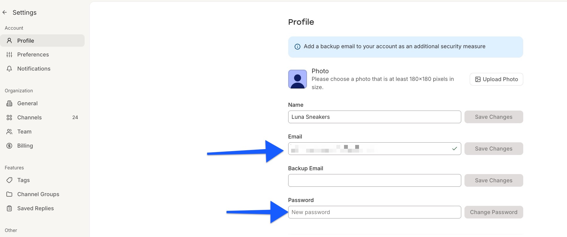 Buffer - Account settings - Email and Password