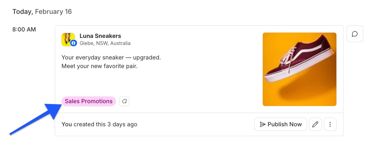 Buffer - Publish - arrow pointing to Tag on scheduled post