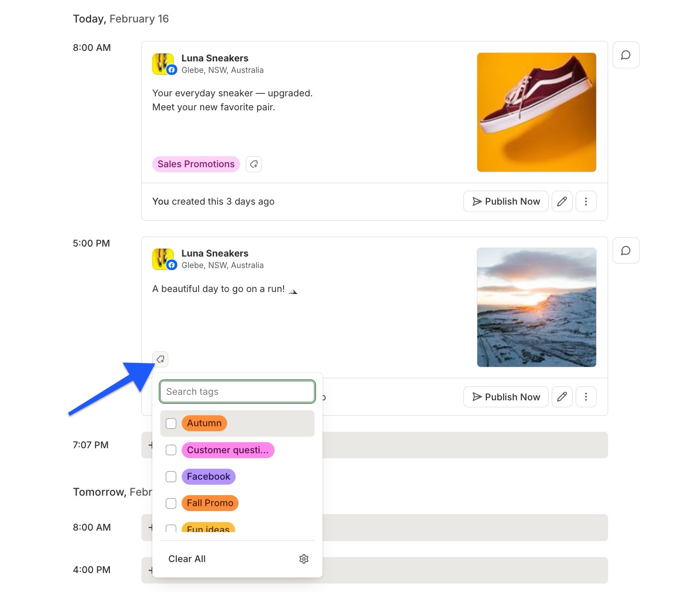 Buffer - Publish - arrow pointing to button to add a Tag to a scheduled post in the queue