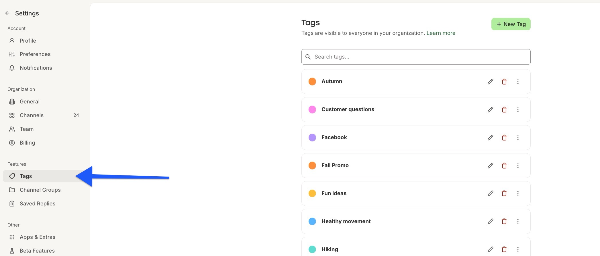 Buffer - Account Settings - arrow pointing to Tags settings