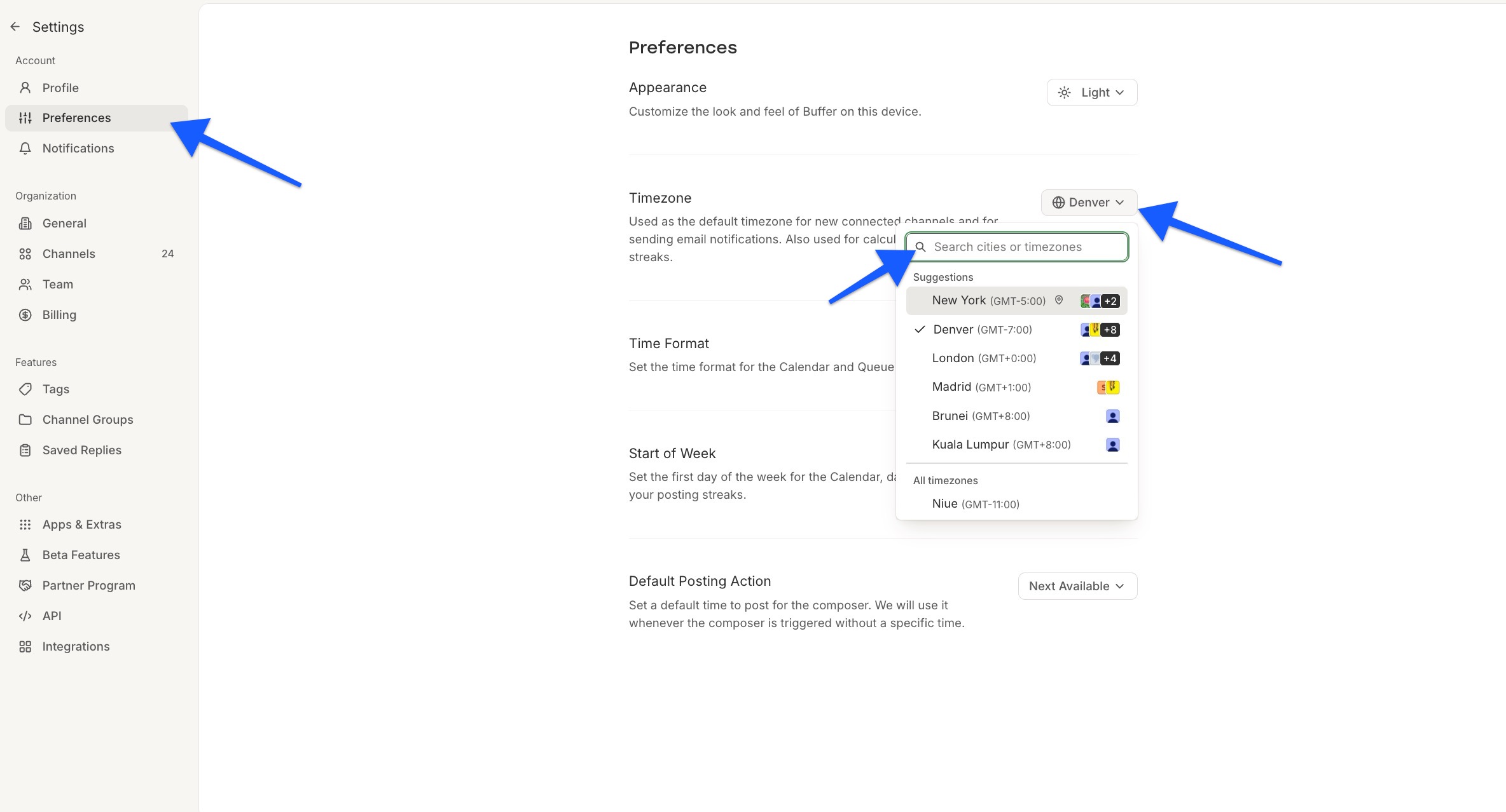 Buffer - Account timezone settings