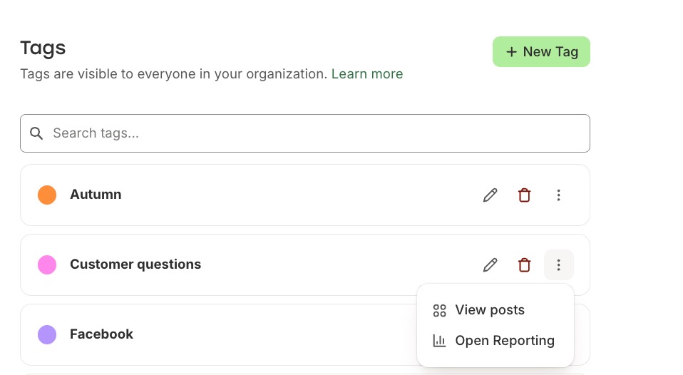 Buffer - Tags settings - View posts or Open Reporting options