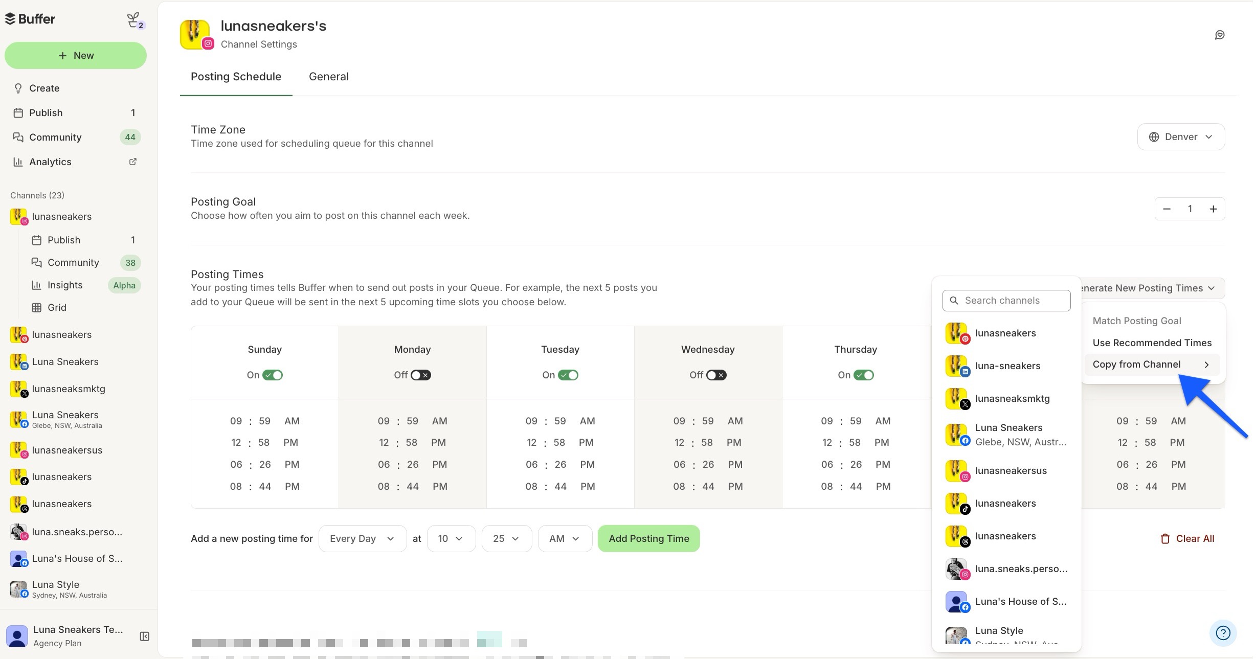 Buffer - channel settings - Copy posting schedule from channel