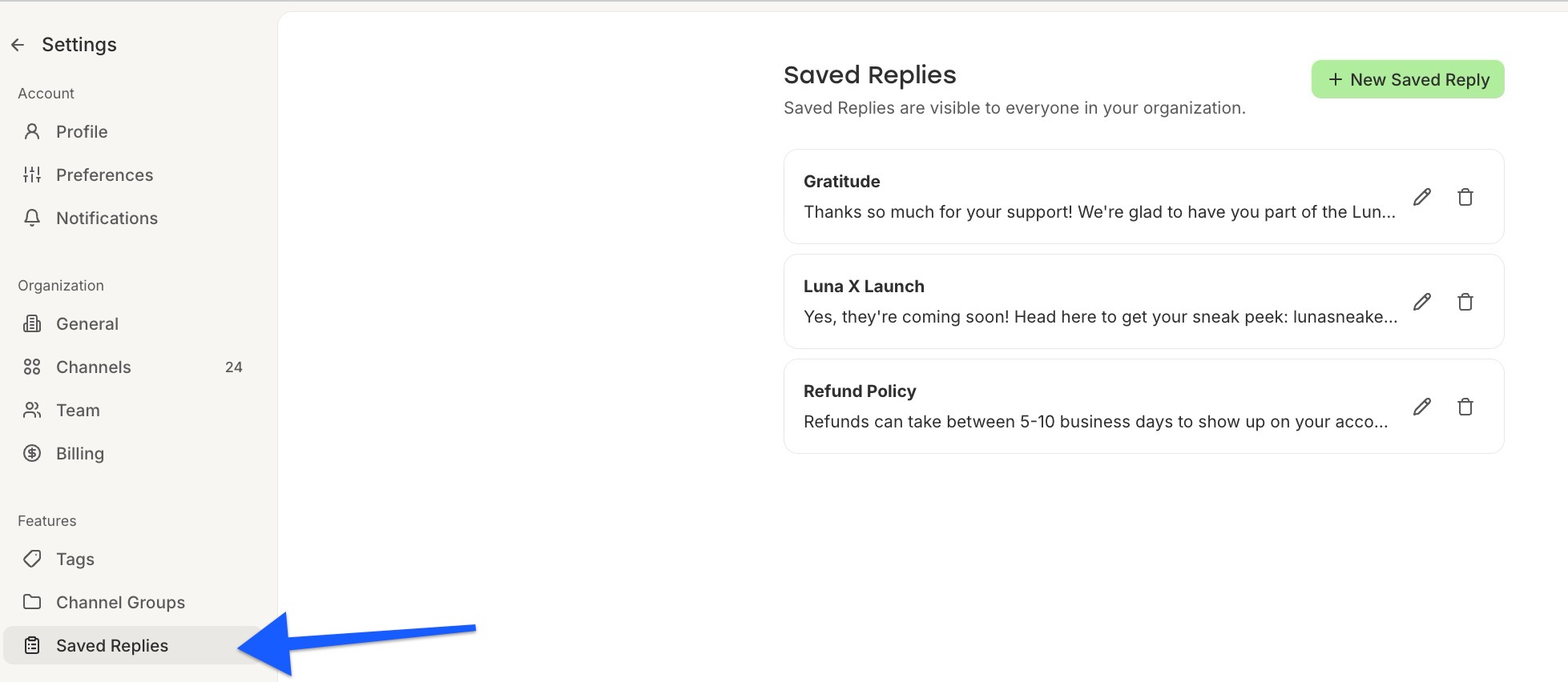 Buffer - Account Settings - Saved Replies for Community