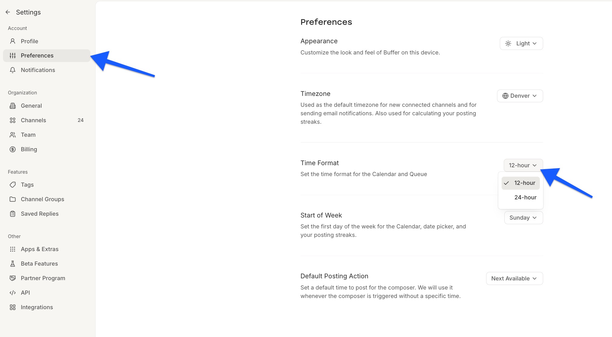 Buffer Account settings - Time format