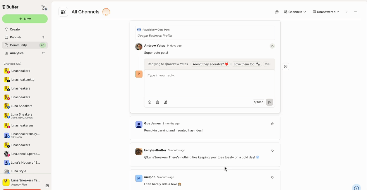 GIF of editing saved replies in Buffer Community