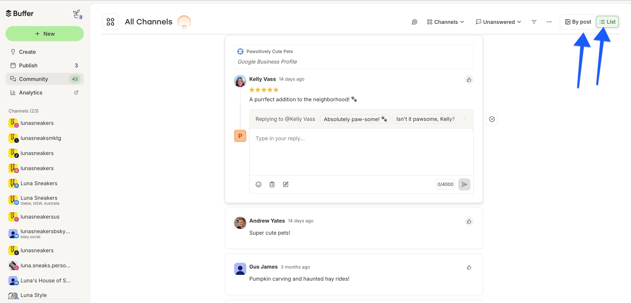 Buffer Community - toggle between By post and List views