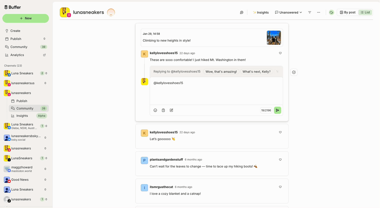 Buffer Community - GIF of Switching between List and By Post View