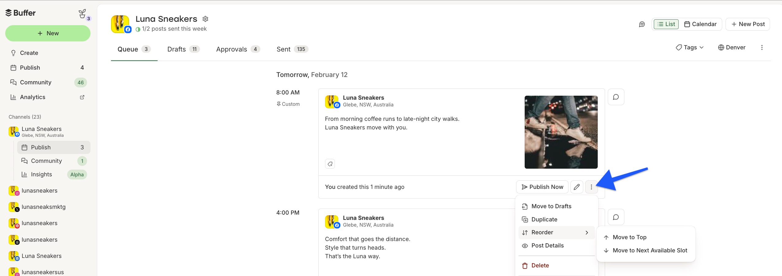 Buffer - Publish Queue - Move to Next Available Slot option on scheduled post