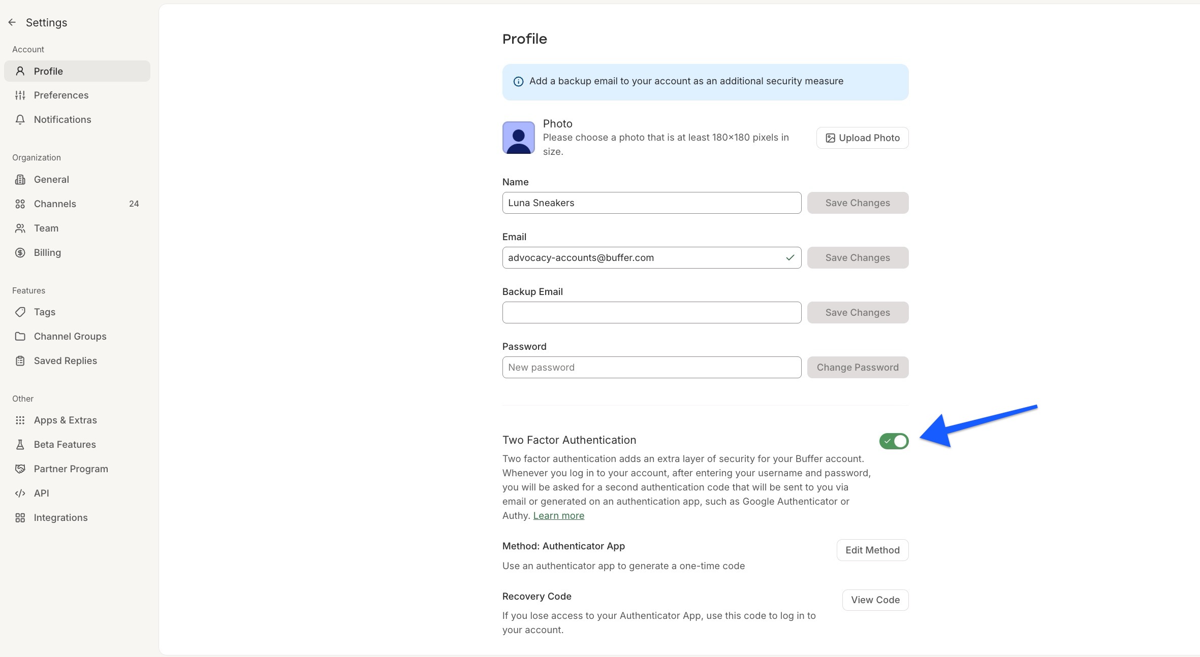 Buffer - Account settings - two factor authentication enabled