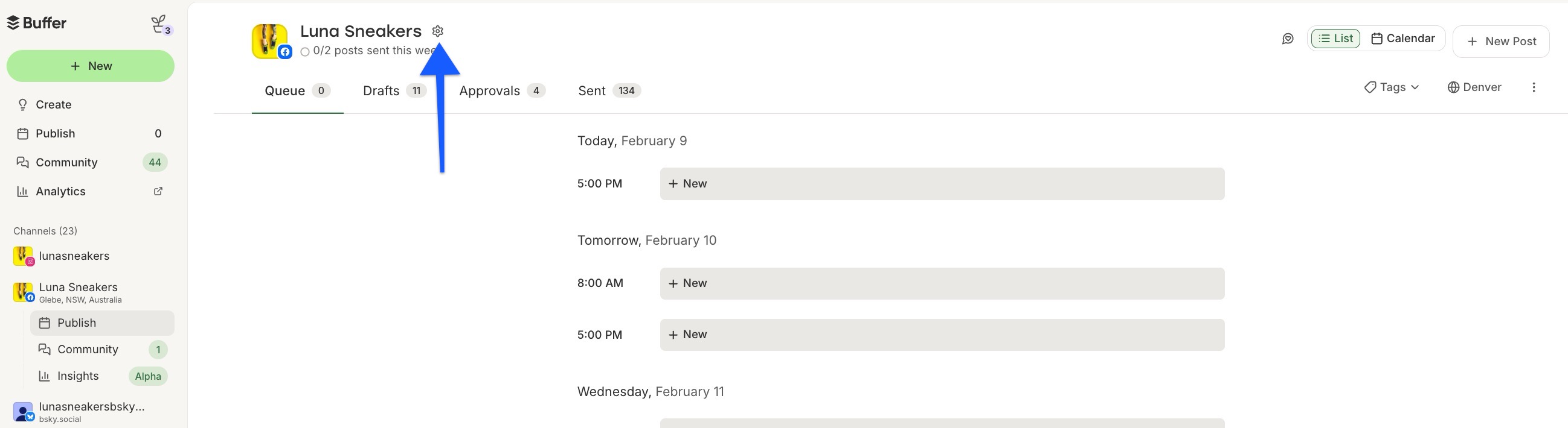 Buffer - Channel settings (gear icon) Facebook page
