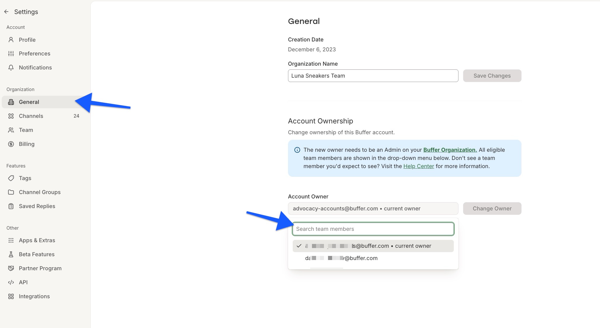 Buffer - Account settings - Change owner