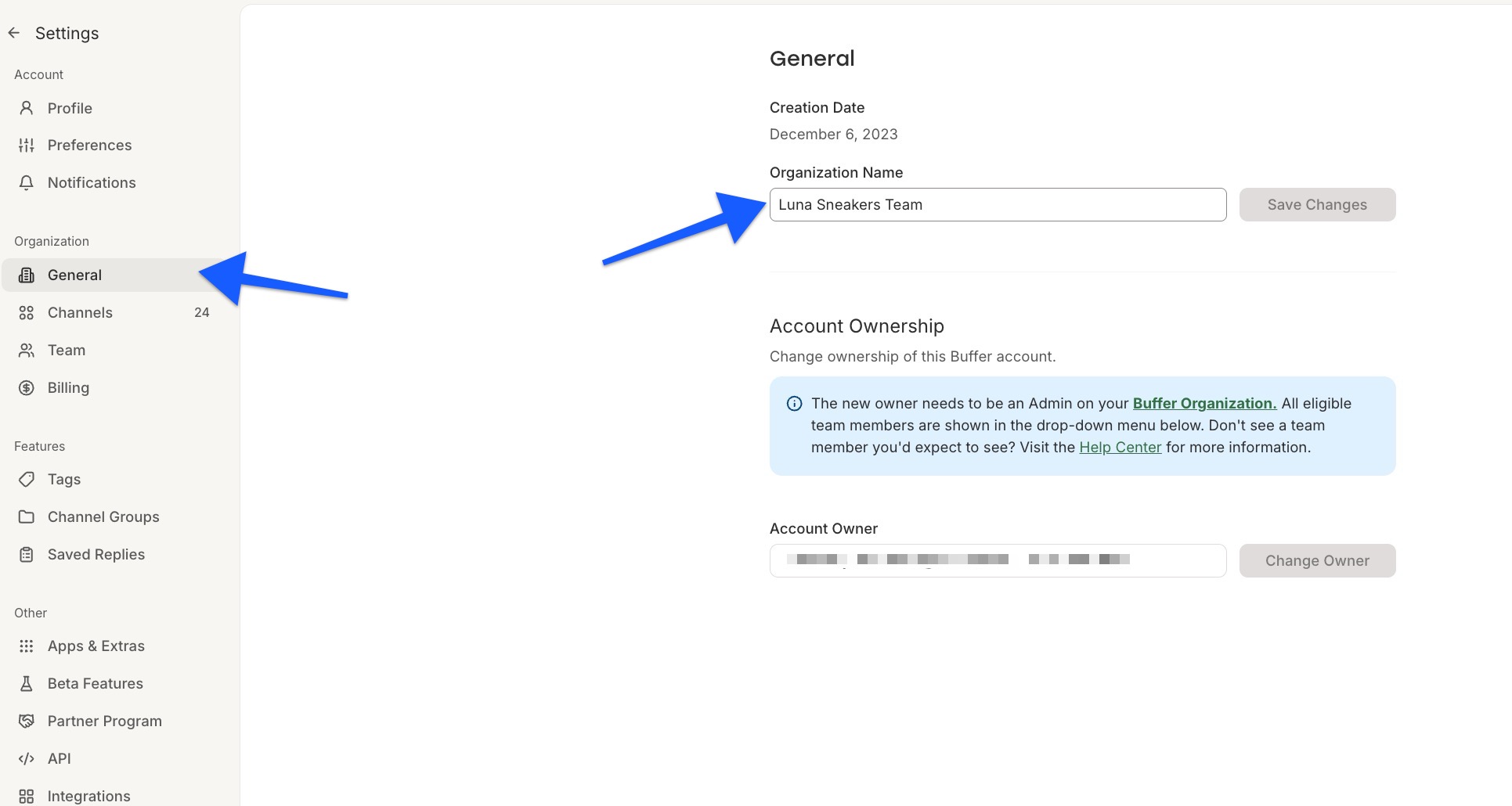 Buffer - Account settings - Change organization name