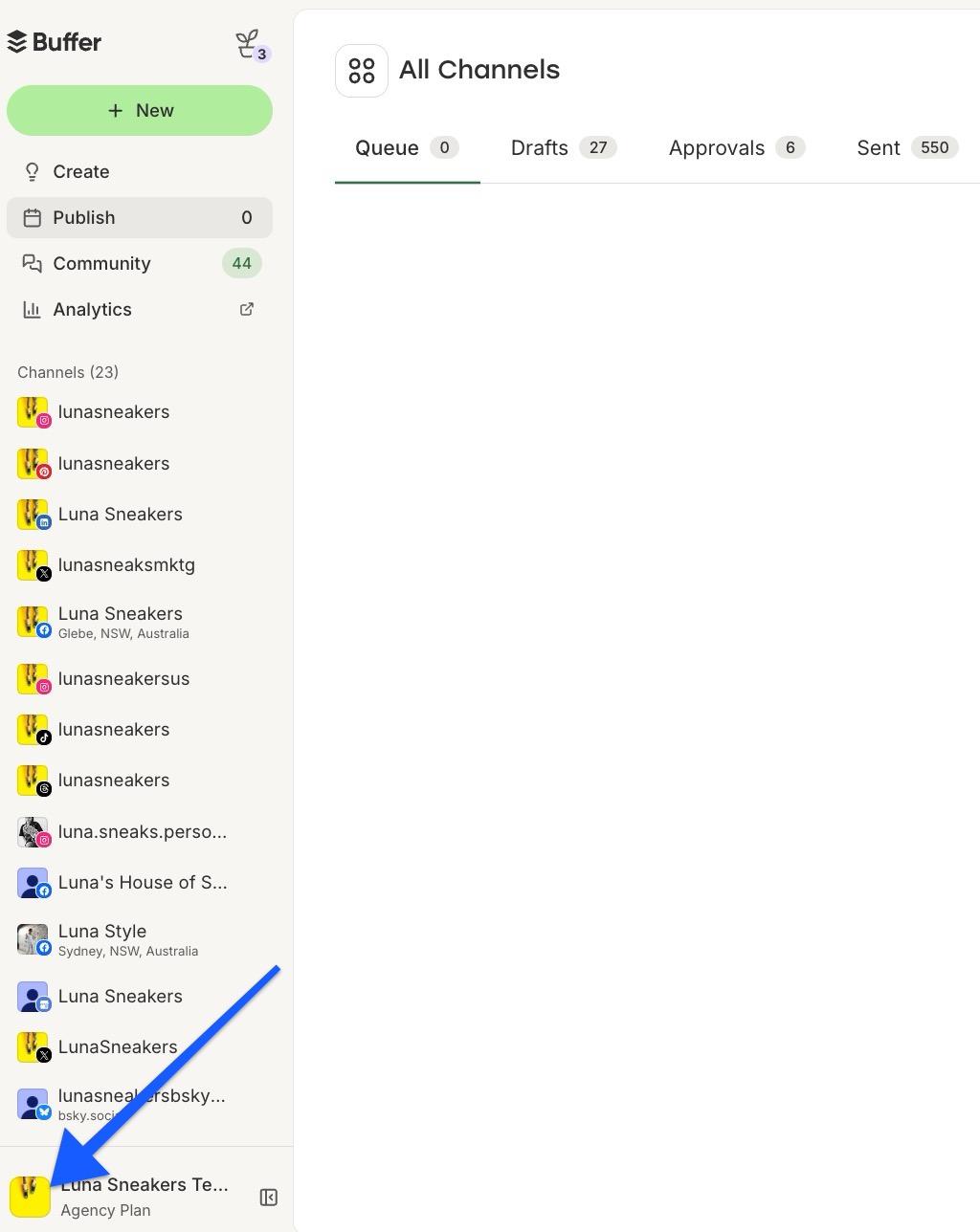 Buffer - arrow pointing to profile avatar