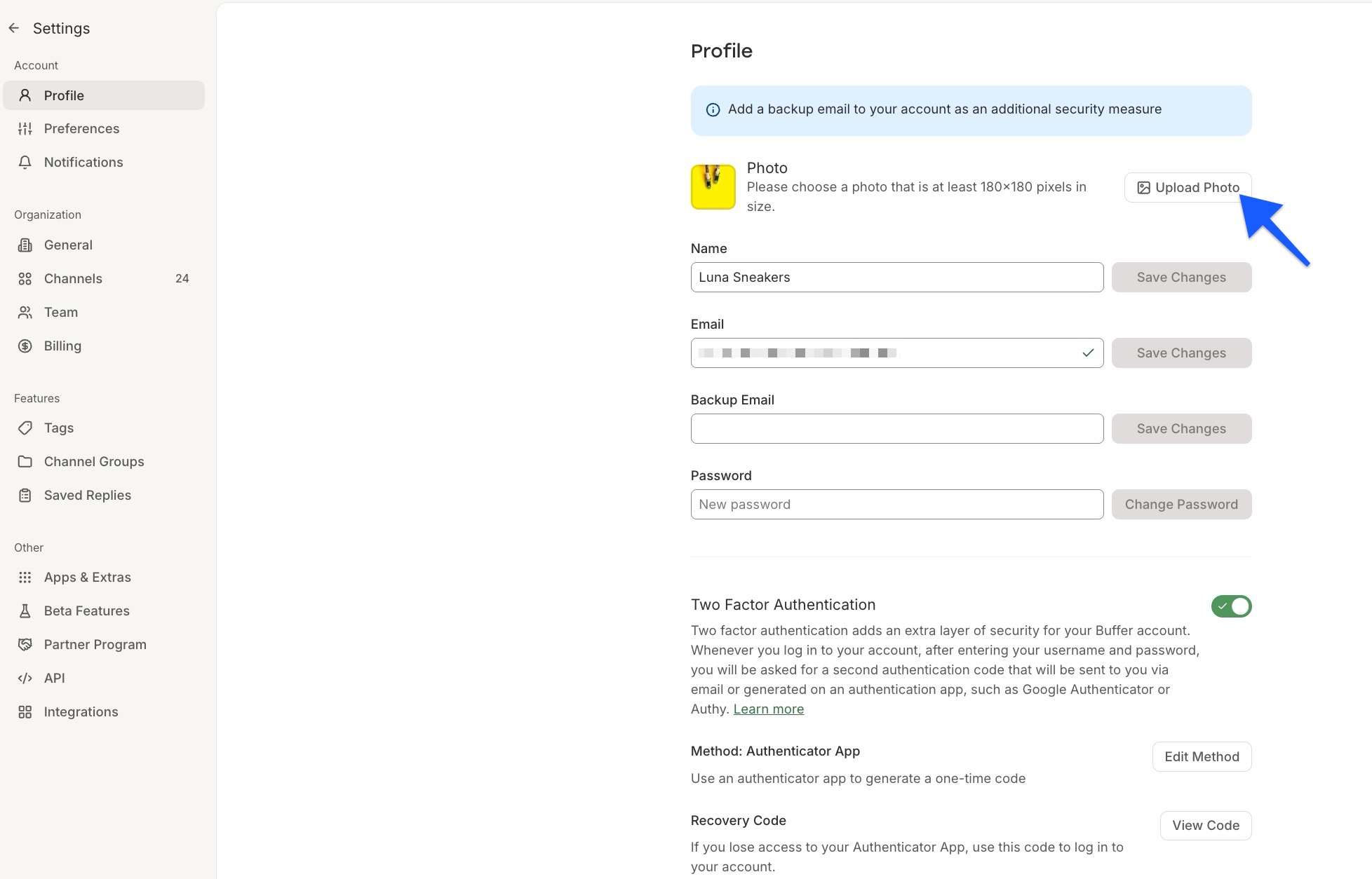 Buffer - Change profile avatar - upload photo button