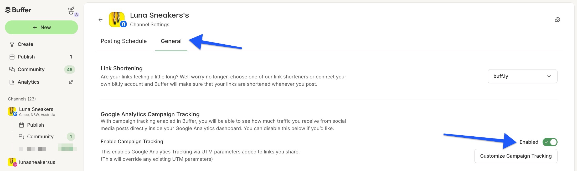 Buffer - channel settings - Google Analytics tracking enabled