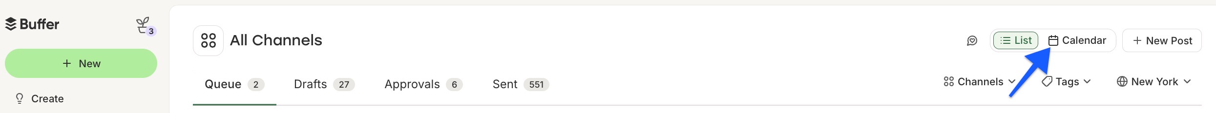Buffer - Publish arrow pointing to Calendar toggle