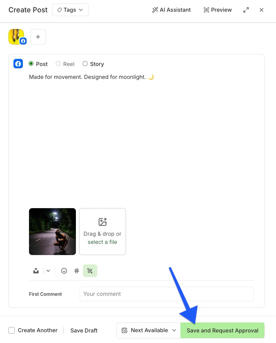 Buffer - Save and request approval button on a draft