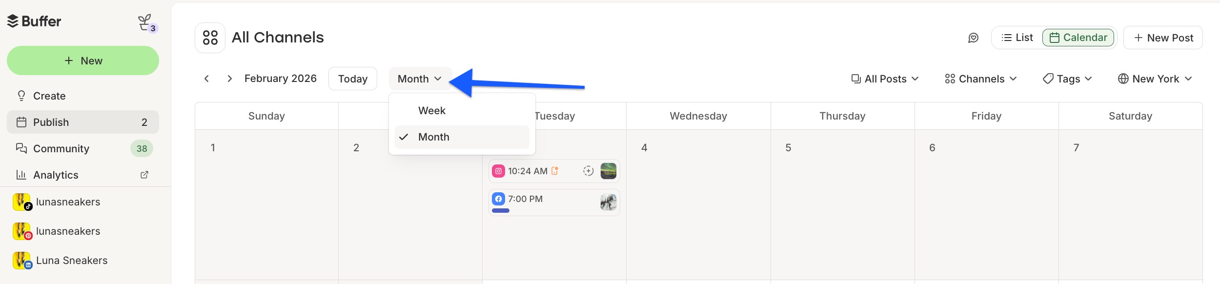 Buffer - Publish calendar - toggle between Month and Week view