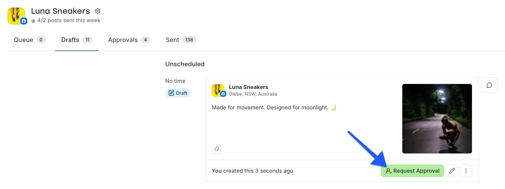Buffer - Publish - arrow pointing to Request Approval in Drafts tab