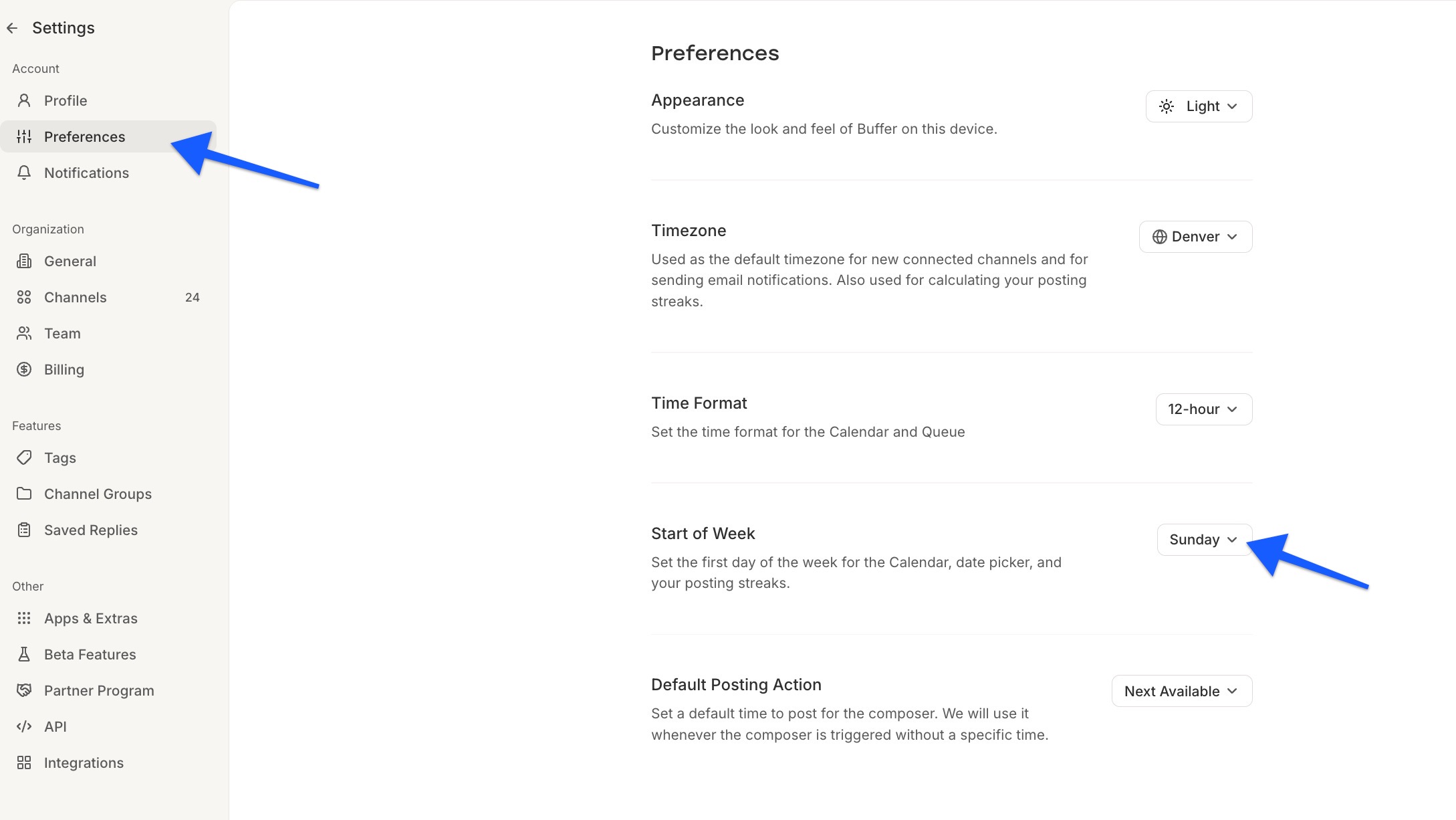 Buffer - Preferences screen - start of the week option