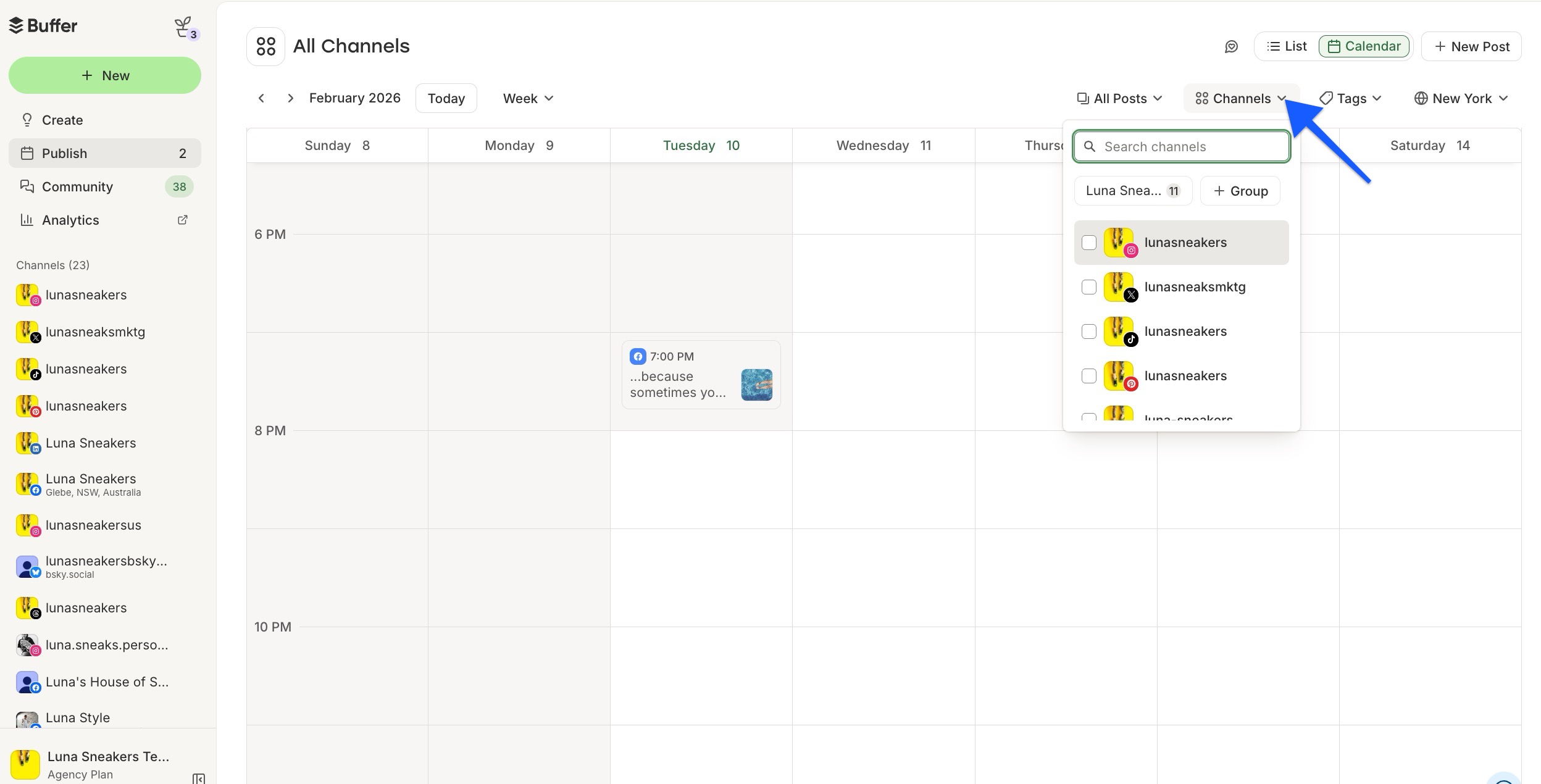 Buffer - Publish calendar - Channels filter