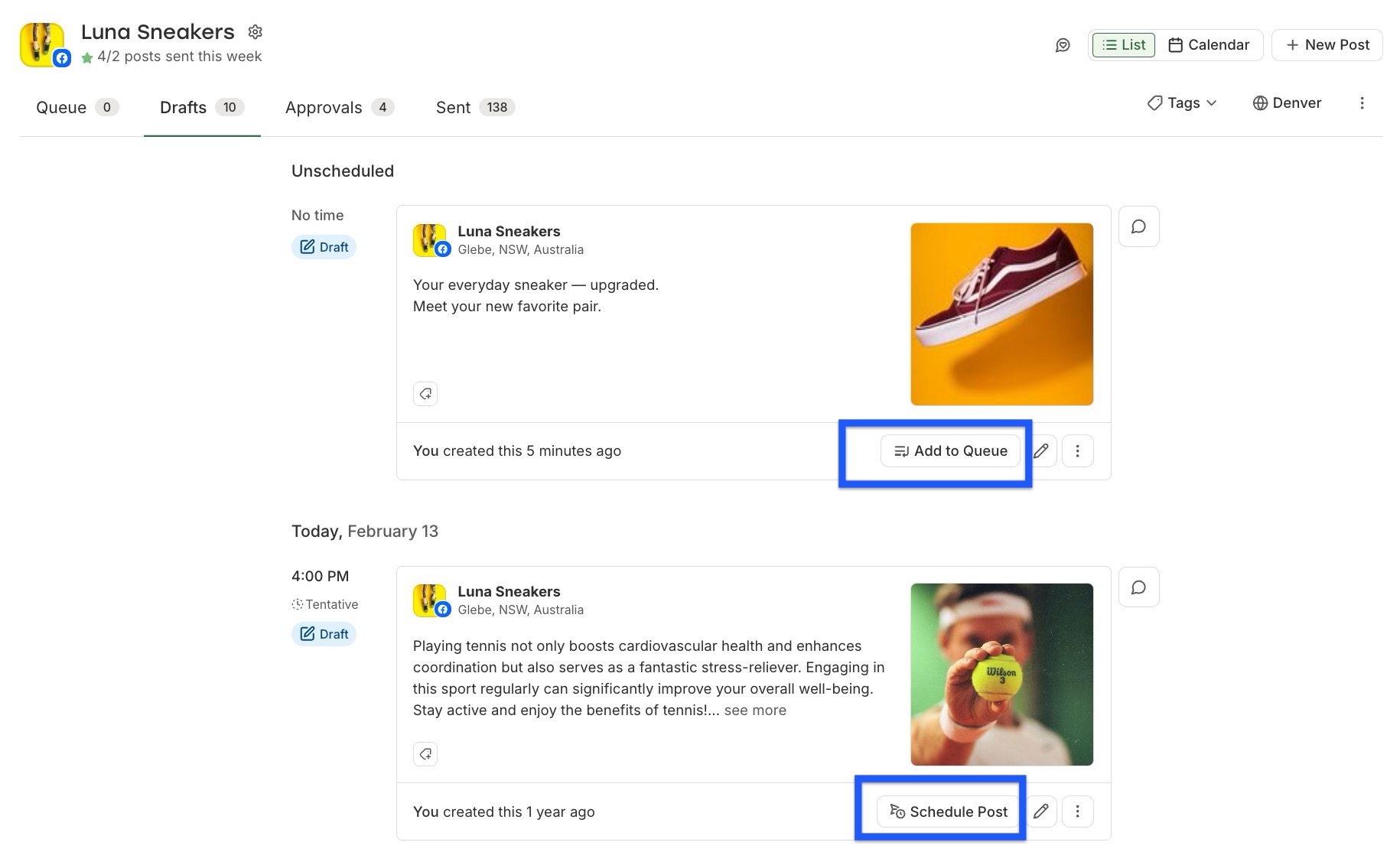 Buffer - Publish draft queue - Add to Queue vs. Schedule Post buttons