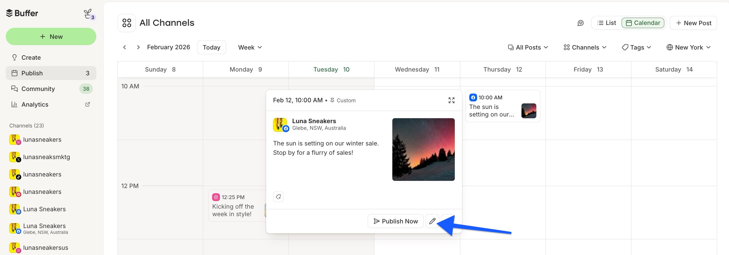 Buffer - Publish Calendar - arrow pointing to pencil icon to edit post