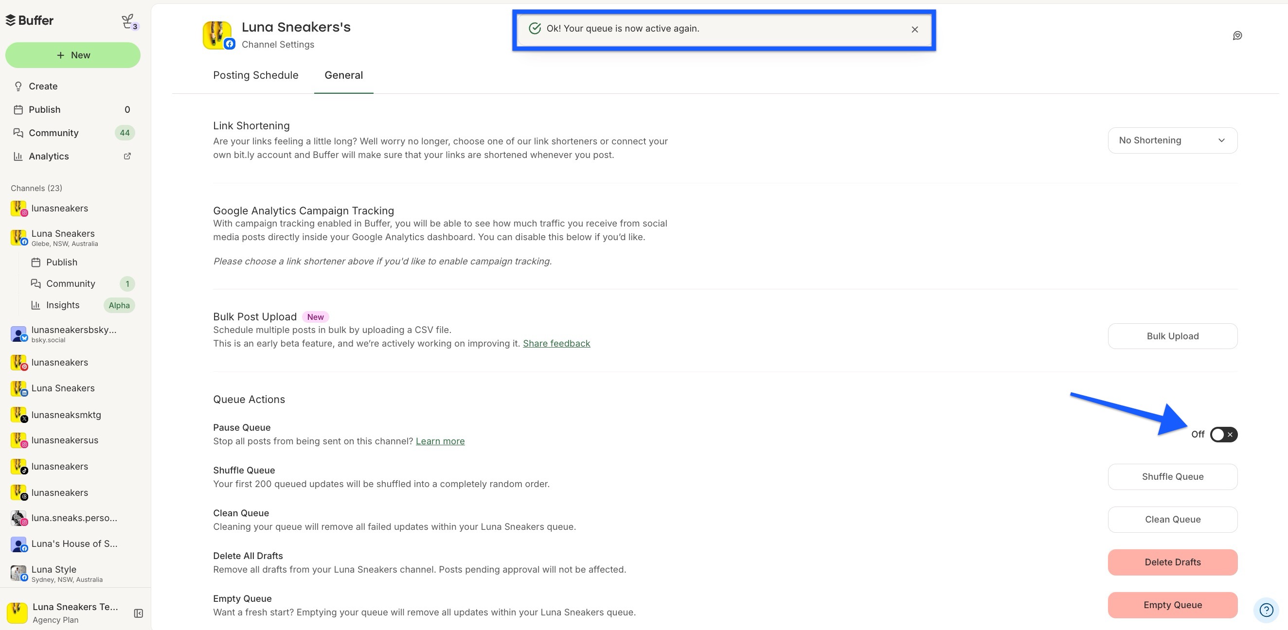 Buffer - Channel settings - Queue Resumed
