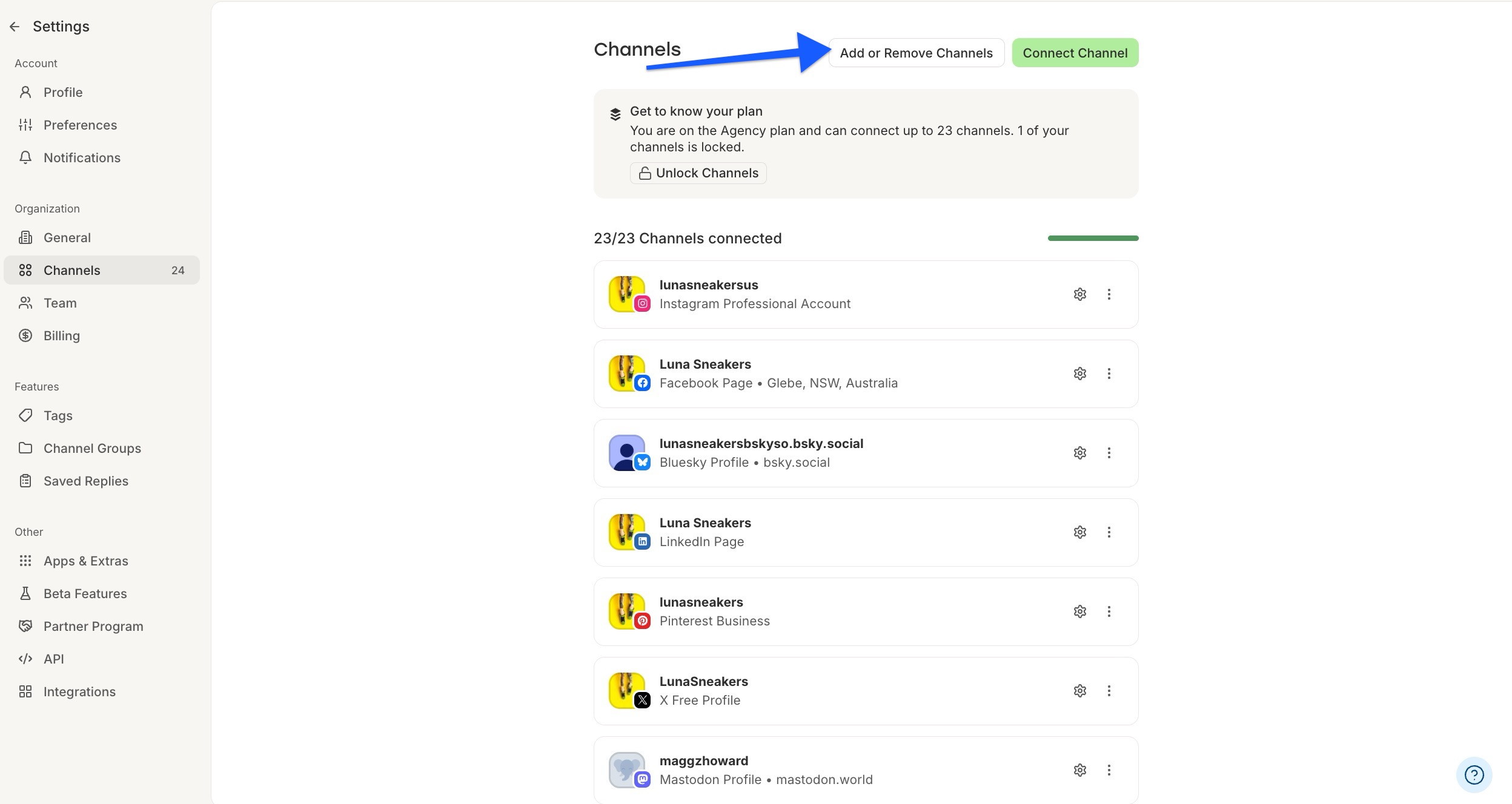 Buffer - Channels page arrow pointing to Add or Remove Channels