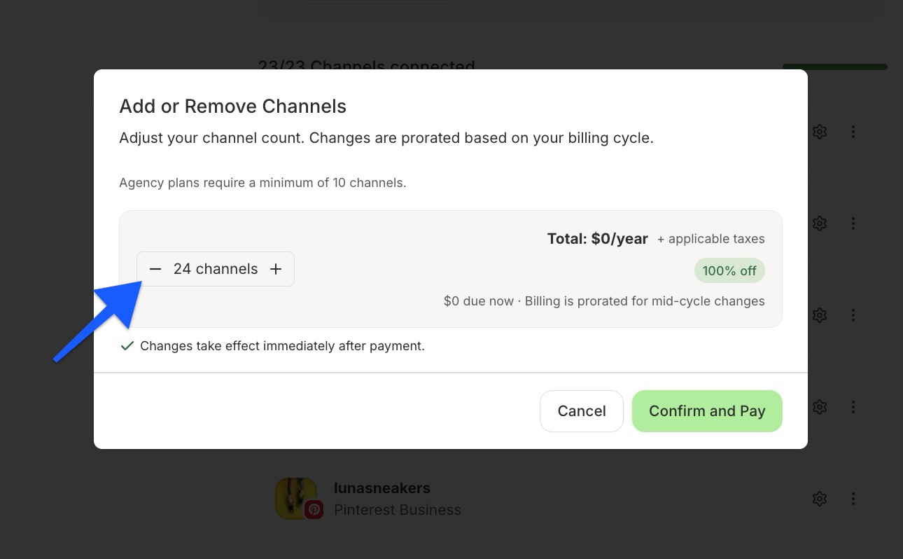 Buffer - Add or Remove Channels screen with arrow pointing to channel increase or decrease options