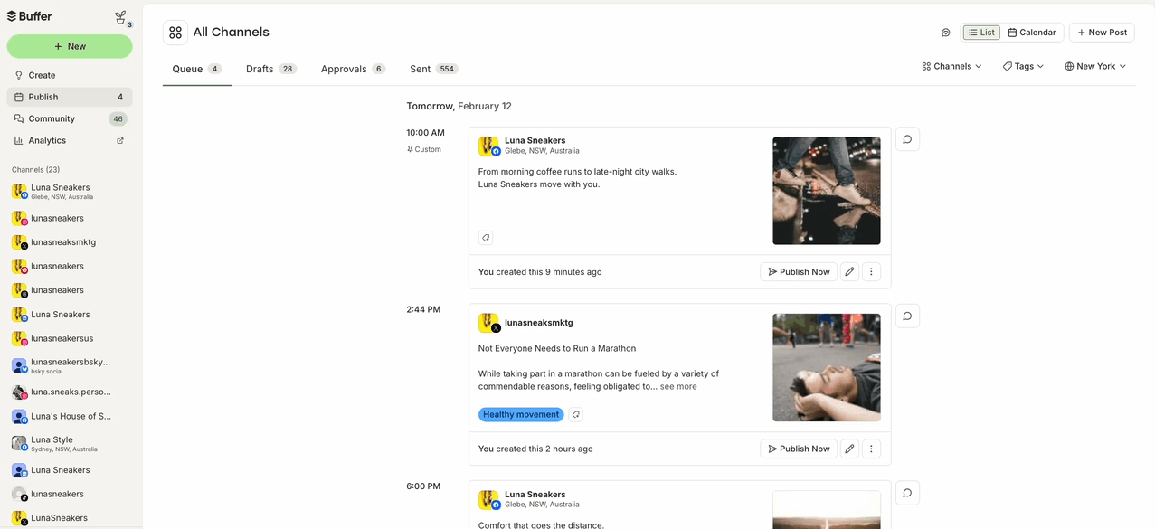 GIF of rearranging channels in the left sidebar of Buffer