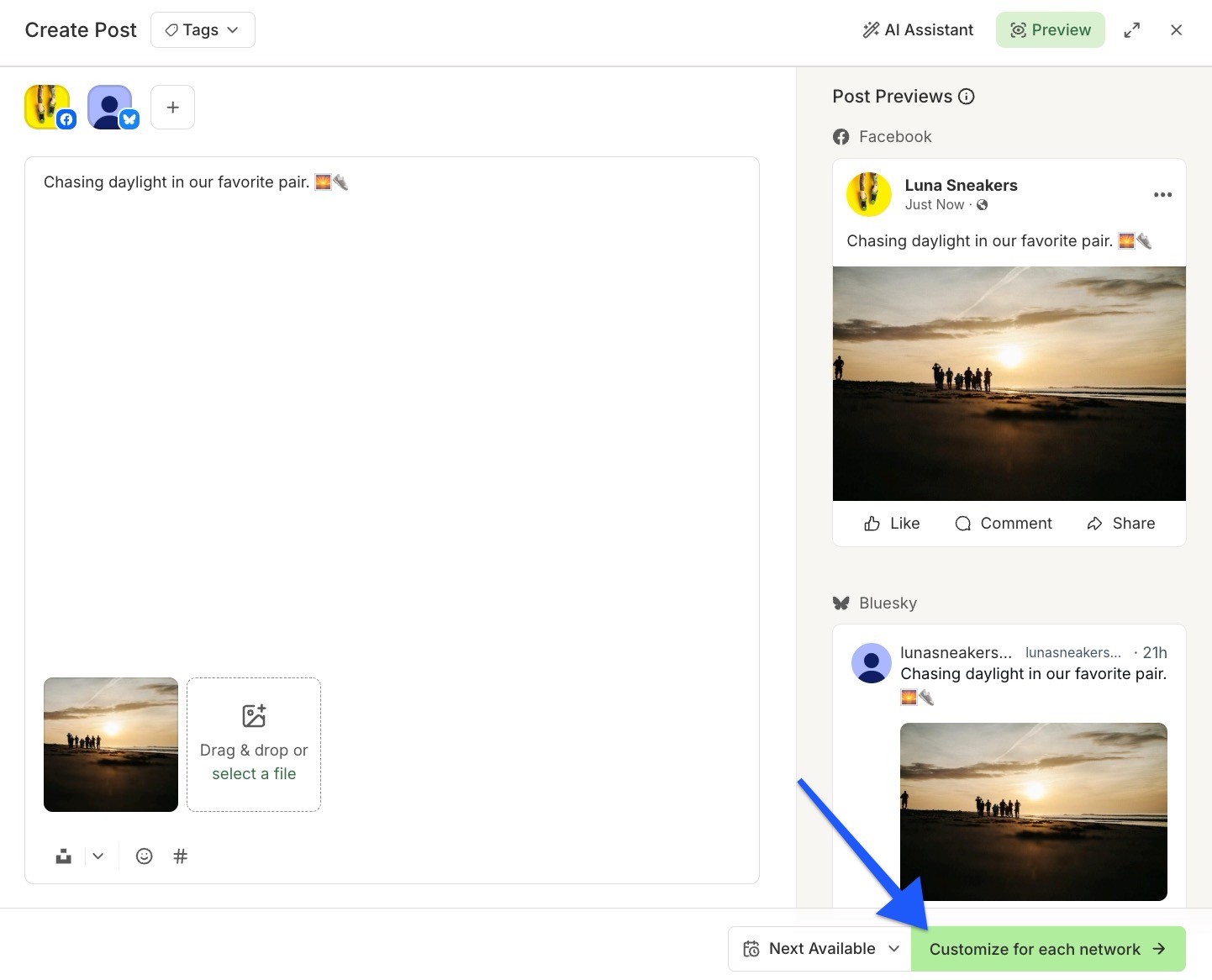 Buffer - Publish composer with arrow pointing to Customize for each network