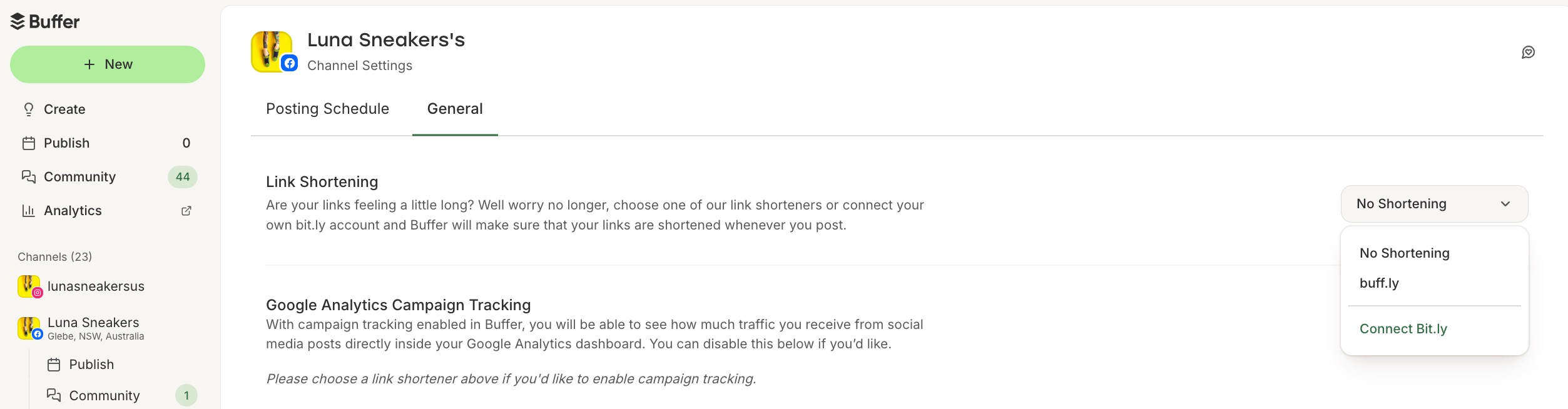 Buffer - Channel settings - link shortening options