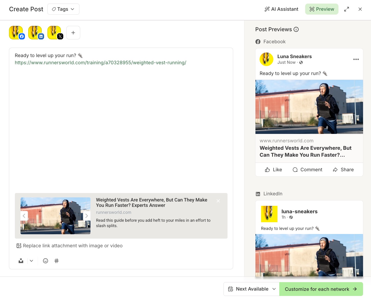 Buffer - Publish composer - three channels selected for a link post