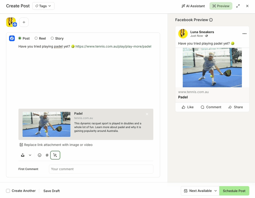 GIF of clicking the Link Shortening button on and off in the Buffer Publish composer