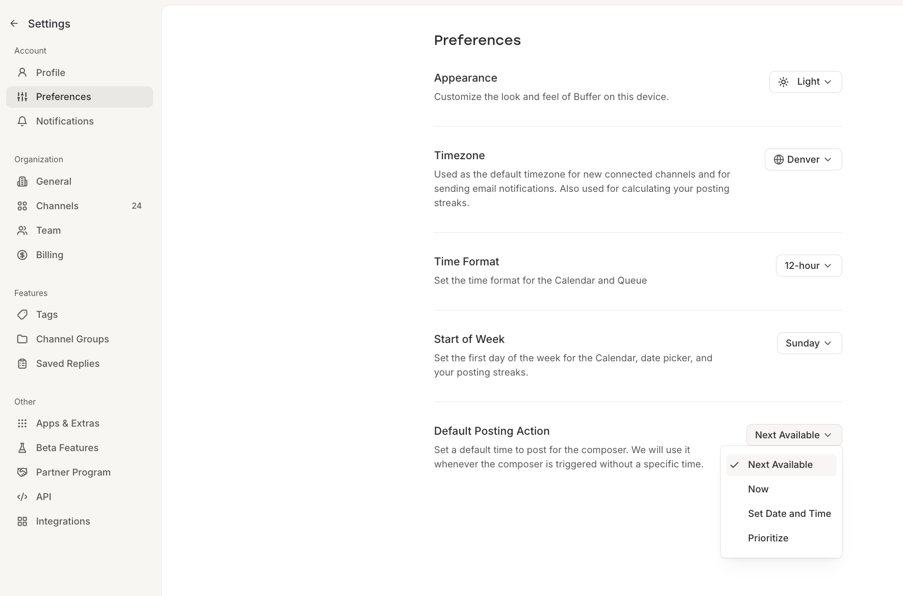 Buffer Preferences screen - Default Posting Action options.png