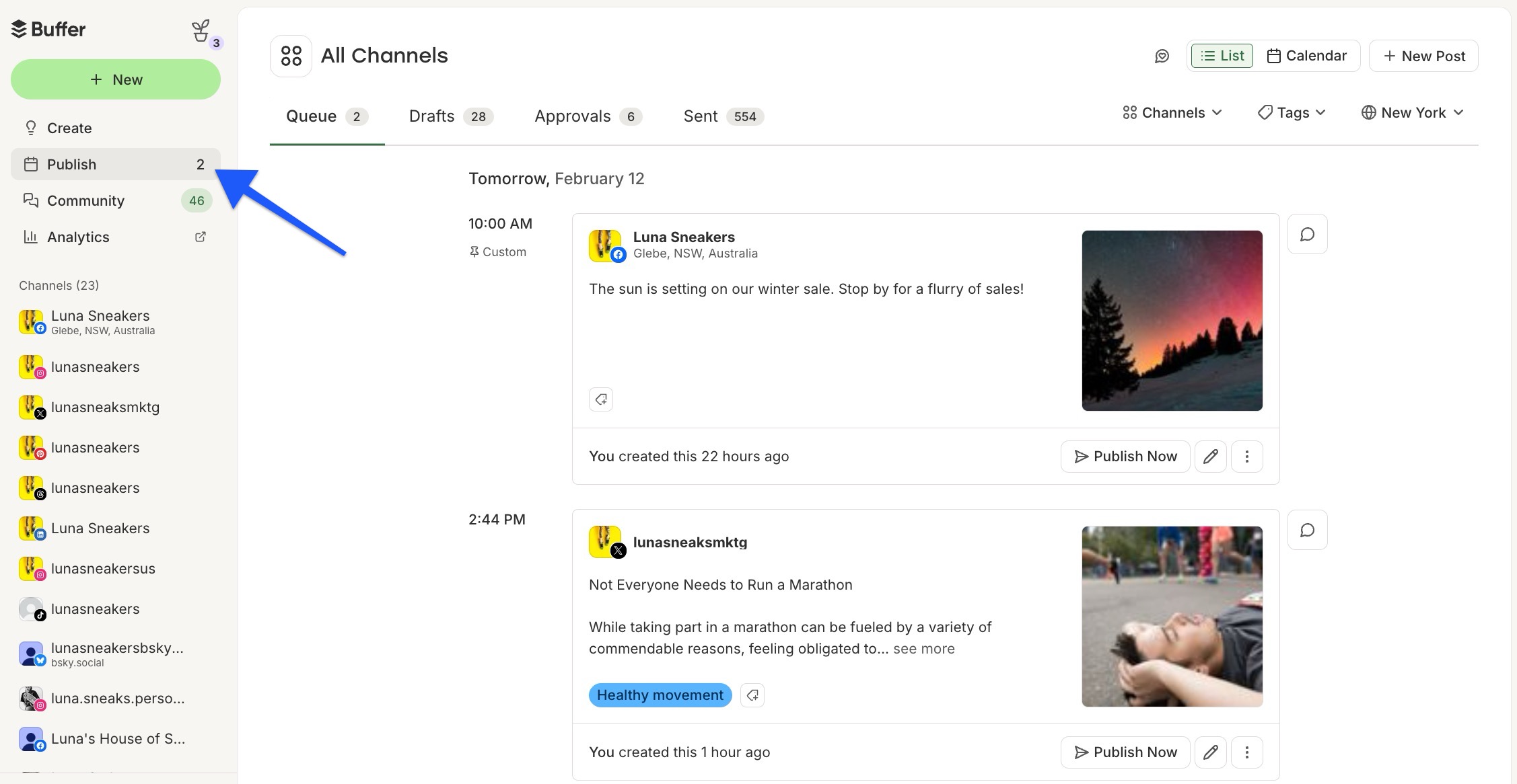 Buffer - arrow pointing to Publish tab in All Channels view