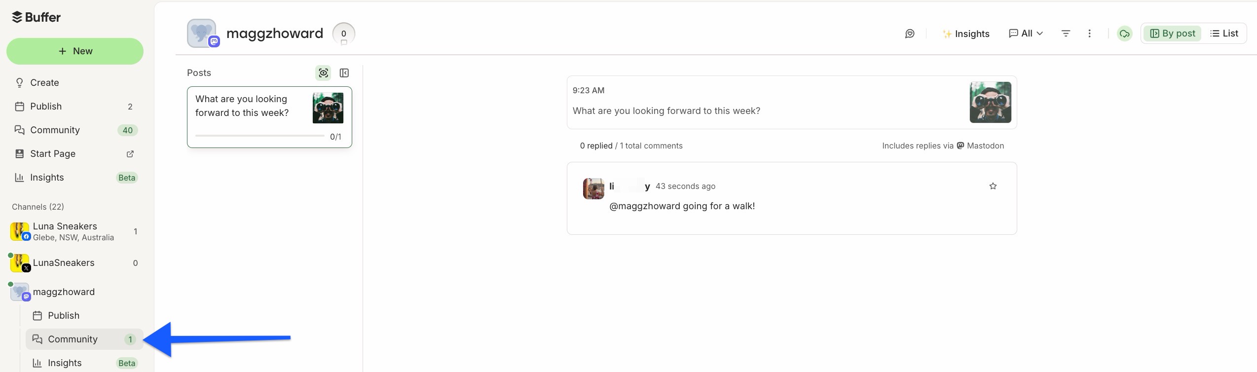 Buffer dashboard with arrow pointing to Community tab for Mastodon account