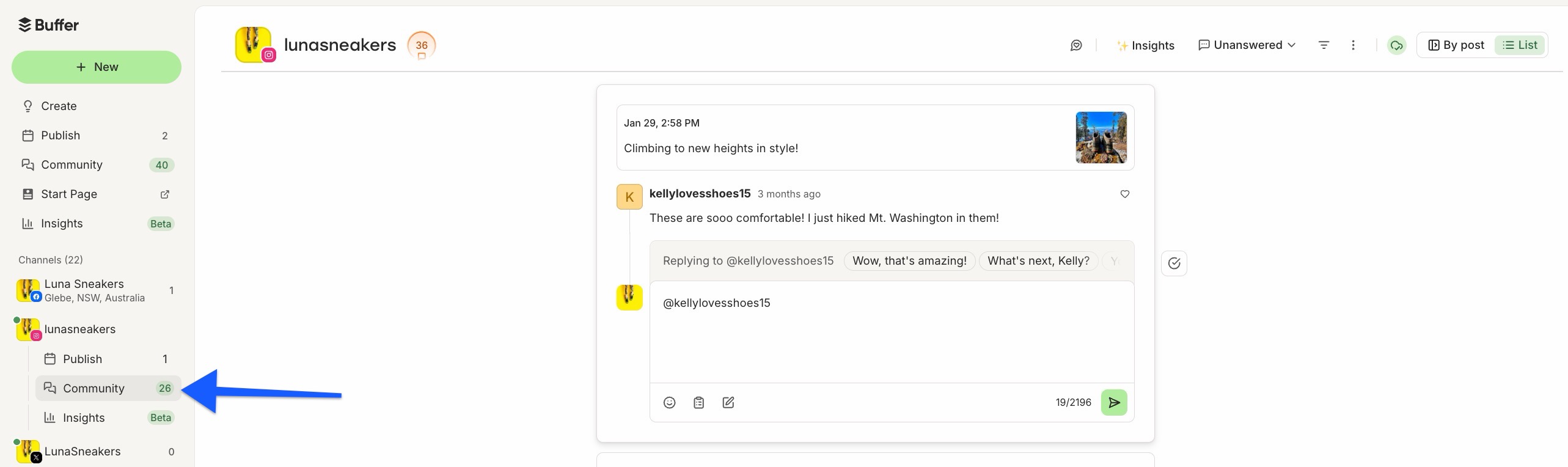 Buffer dashboard with arrow pointing to Community for Instagram channel