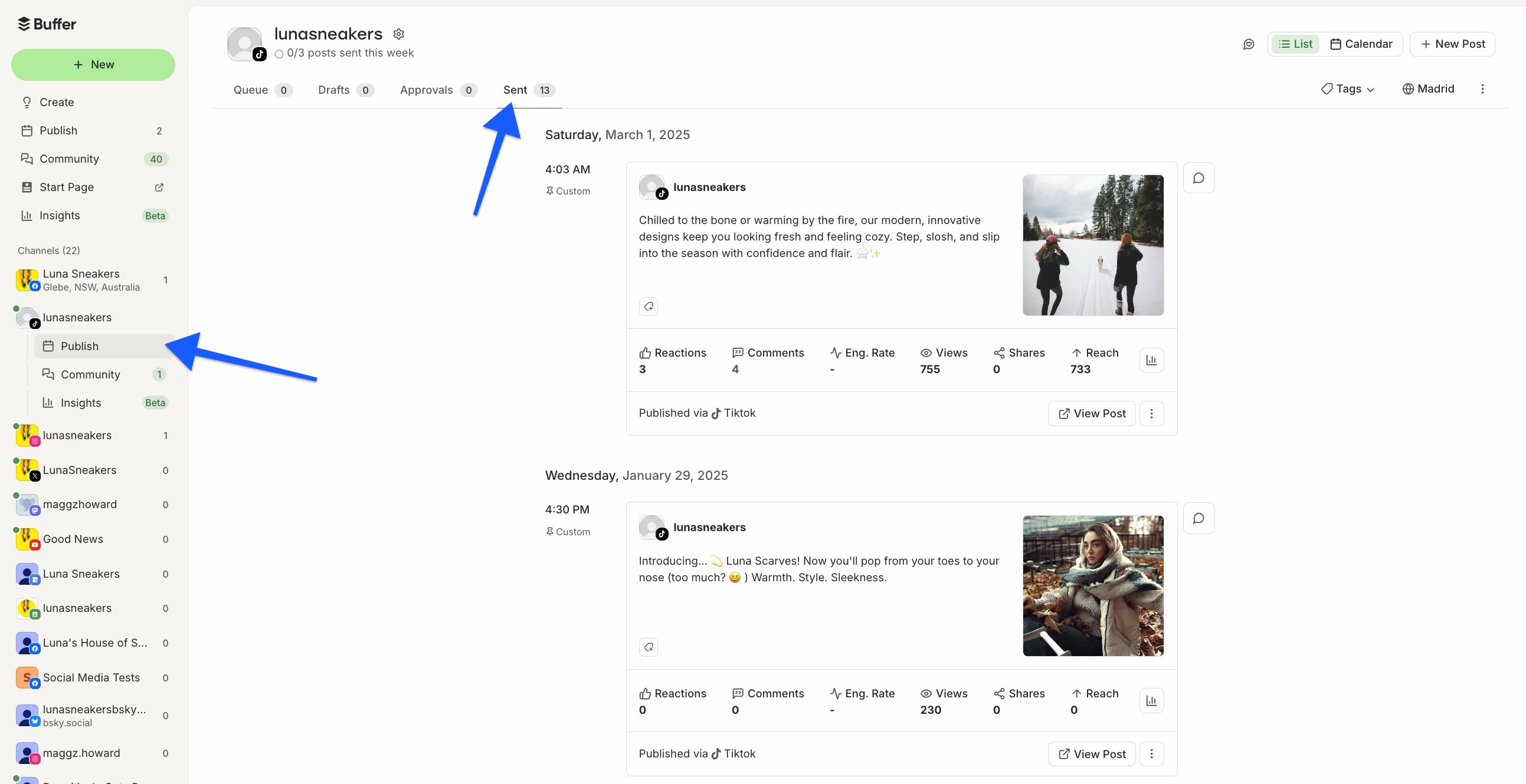 Buffer - Publish dashboard with arrow pointing to Sent tab and Publish tab