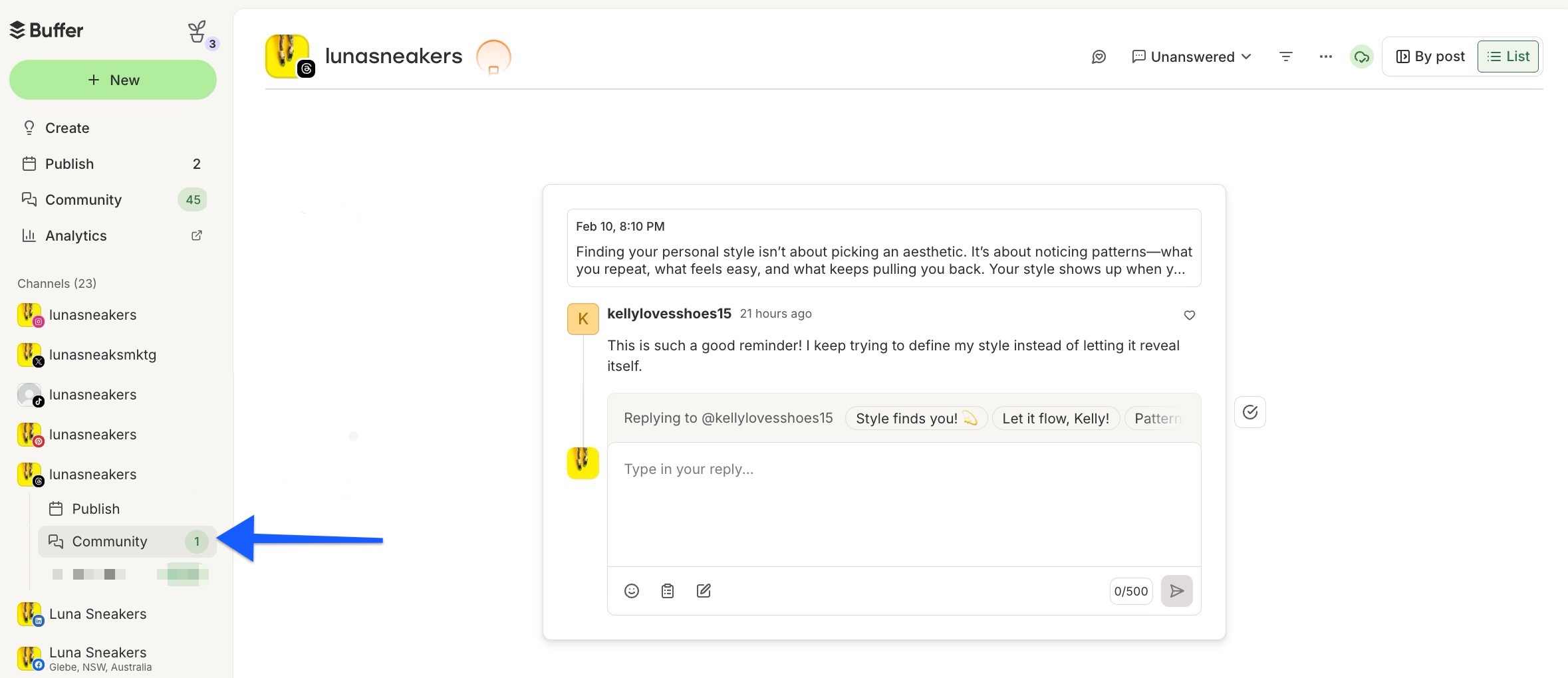 Buffer Community dashboard with Threads channel selected.png
