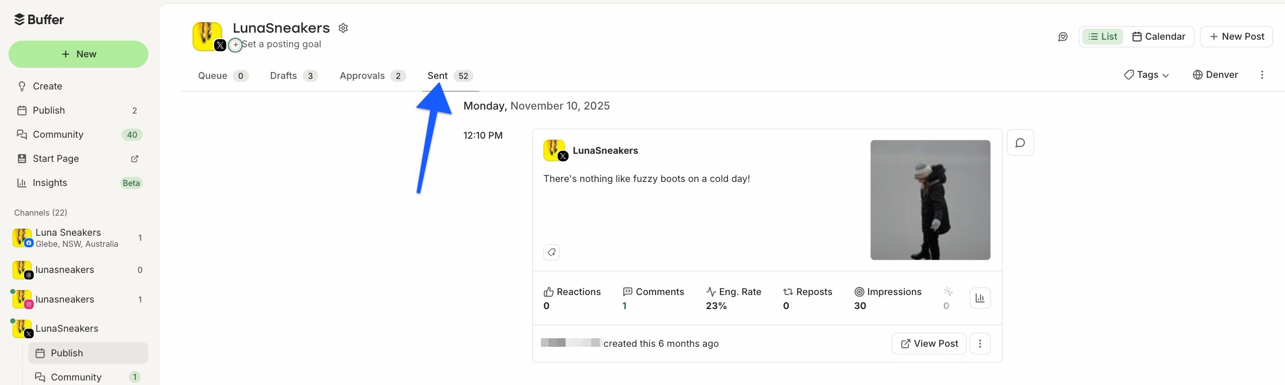 Buffer - Publish dashboard with arrow pointing to Sent tab for X