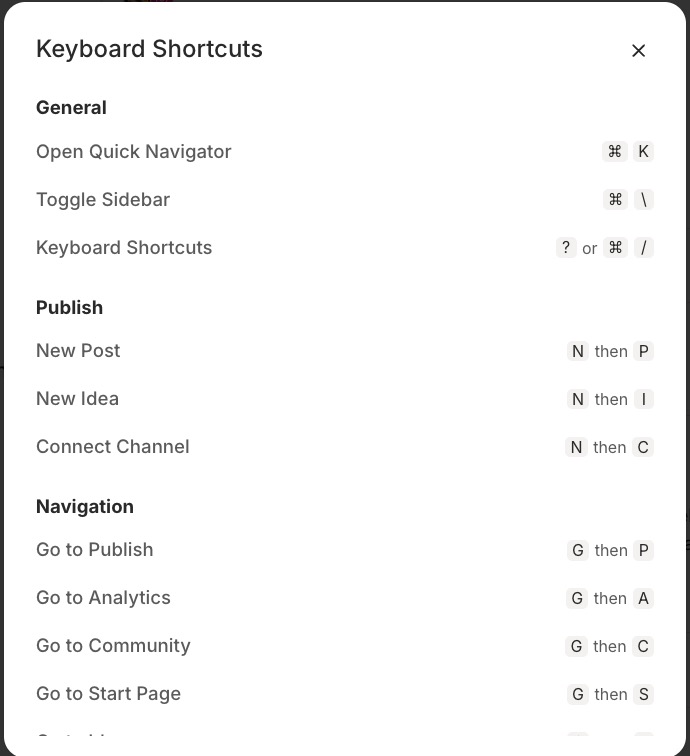 Screenshot: Keyboard Shortcuts dialog open, showing the full list of shortcuts