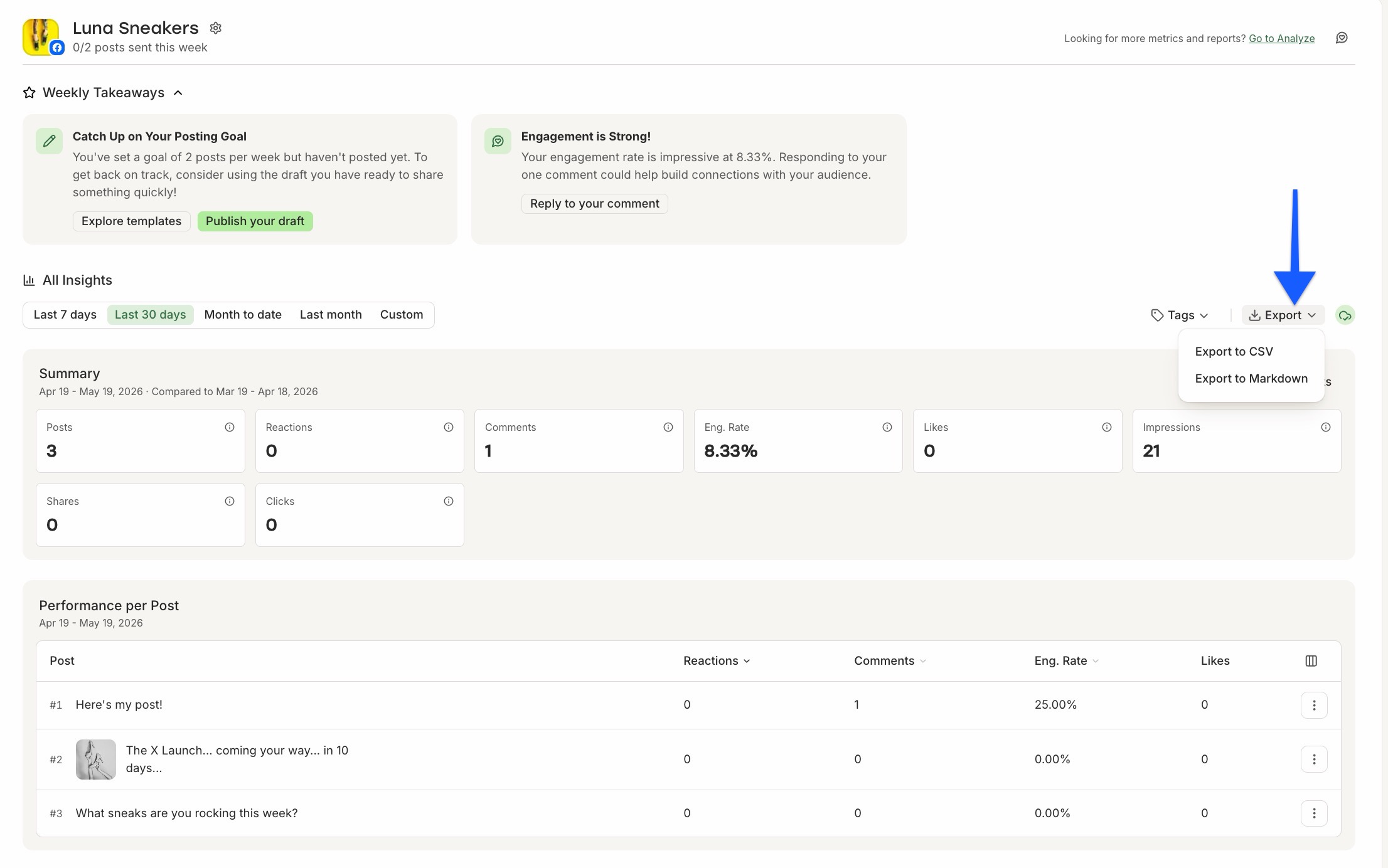 Buffer Insights dashboard with arrow pointing to Export button