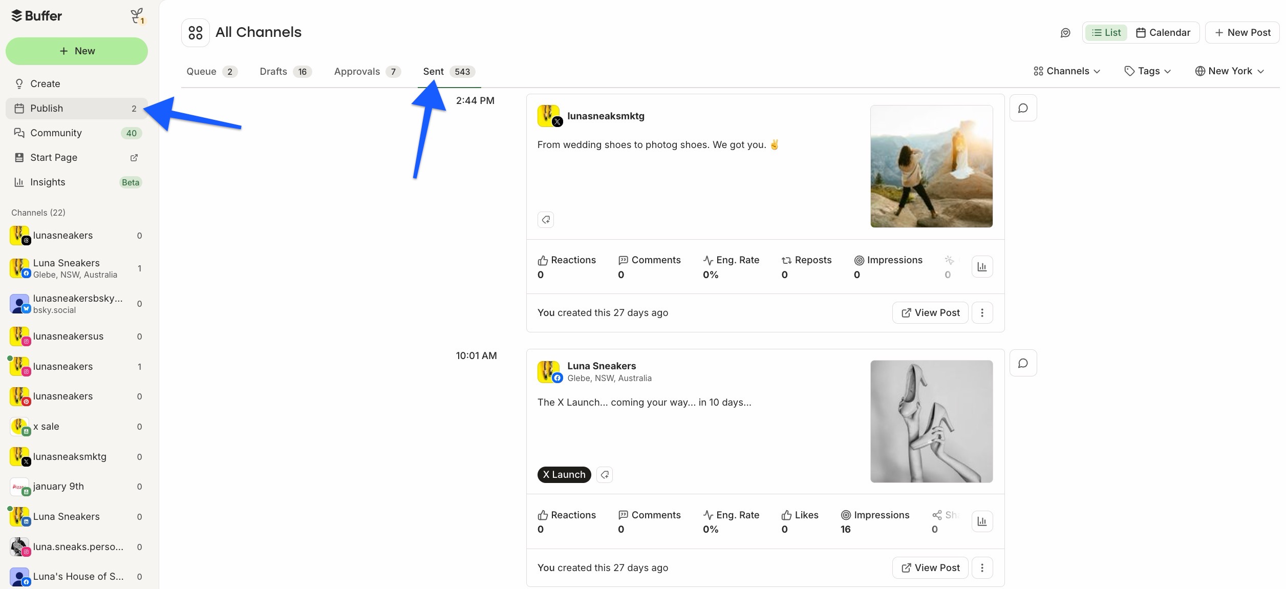 Buffer Publish dashboard - Sent tab