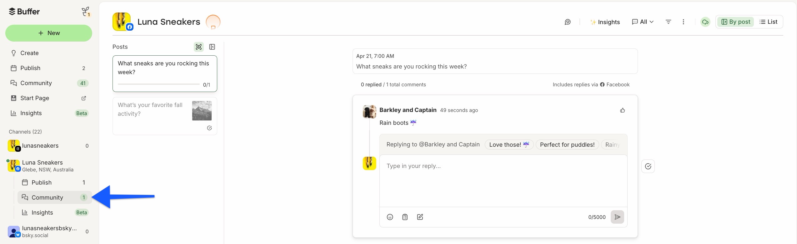 Buffer dashboard with arrow pointing to Community under Facebook page