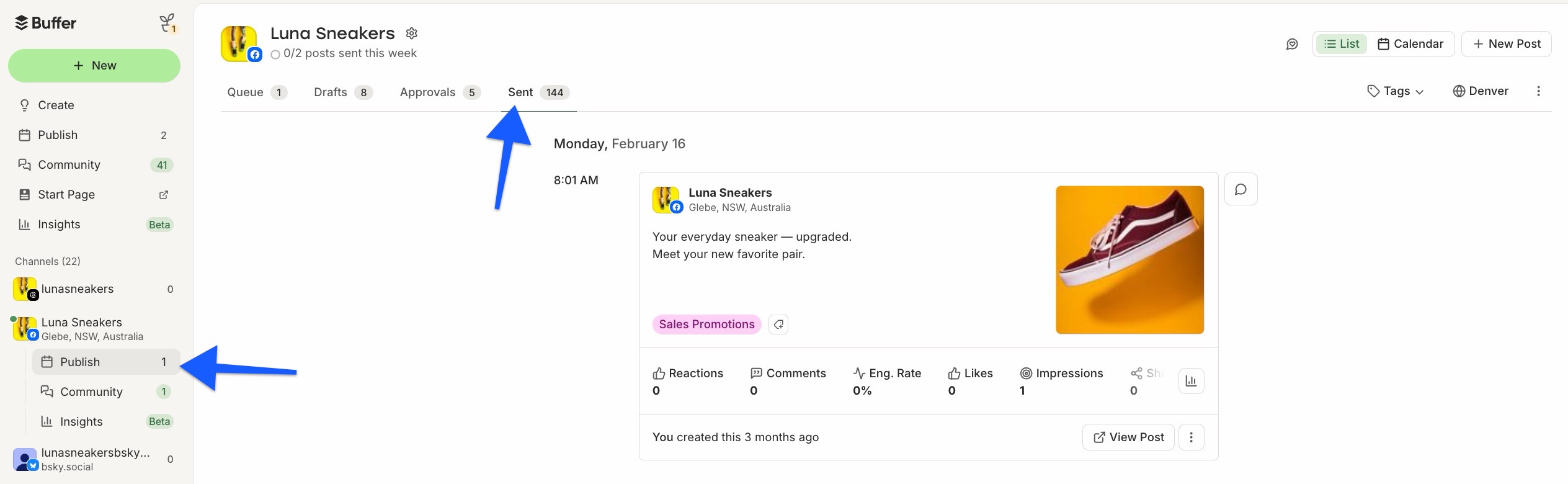 Buffer Publish dashboard with arrow pointing to Sent tab for Facebook Page